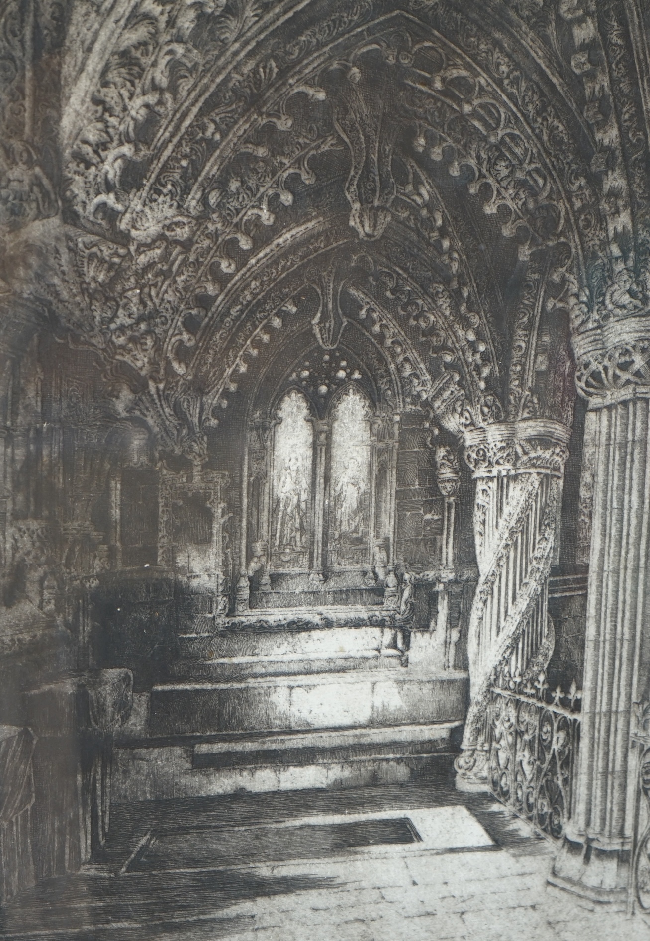 A collection of seven dry point etchings, by artists including, Mortimer Luddington Menpes, Johnson Baird, Albany Howard, Louis Whirter, each signed in pencil, 37 x 25.5cm. Condition - fair